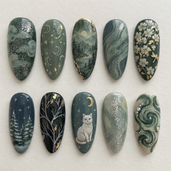 Sage Green Celestial Woodland Cat and Moon Press On Nail Set