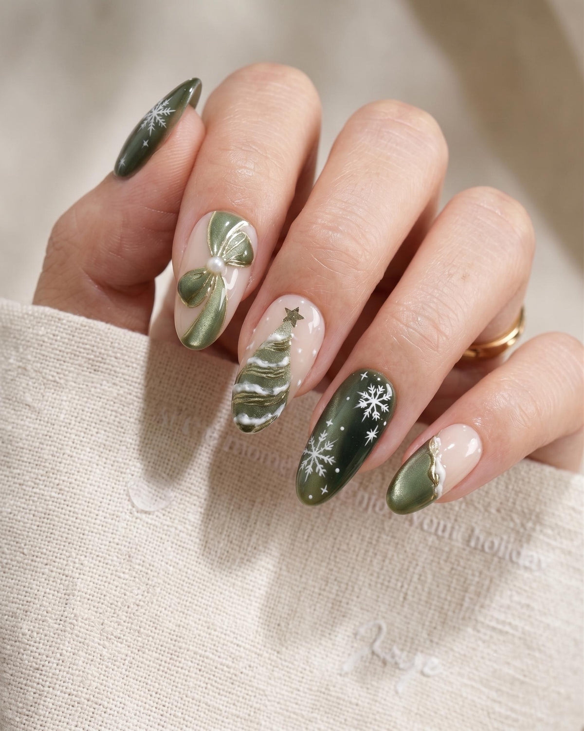 Sage Green Christmas Nails with 3D Trees, Pearl-Center Bows and Snowflakes