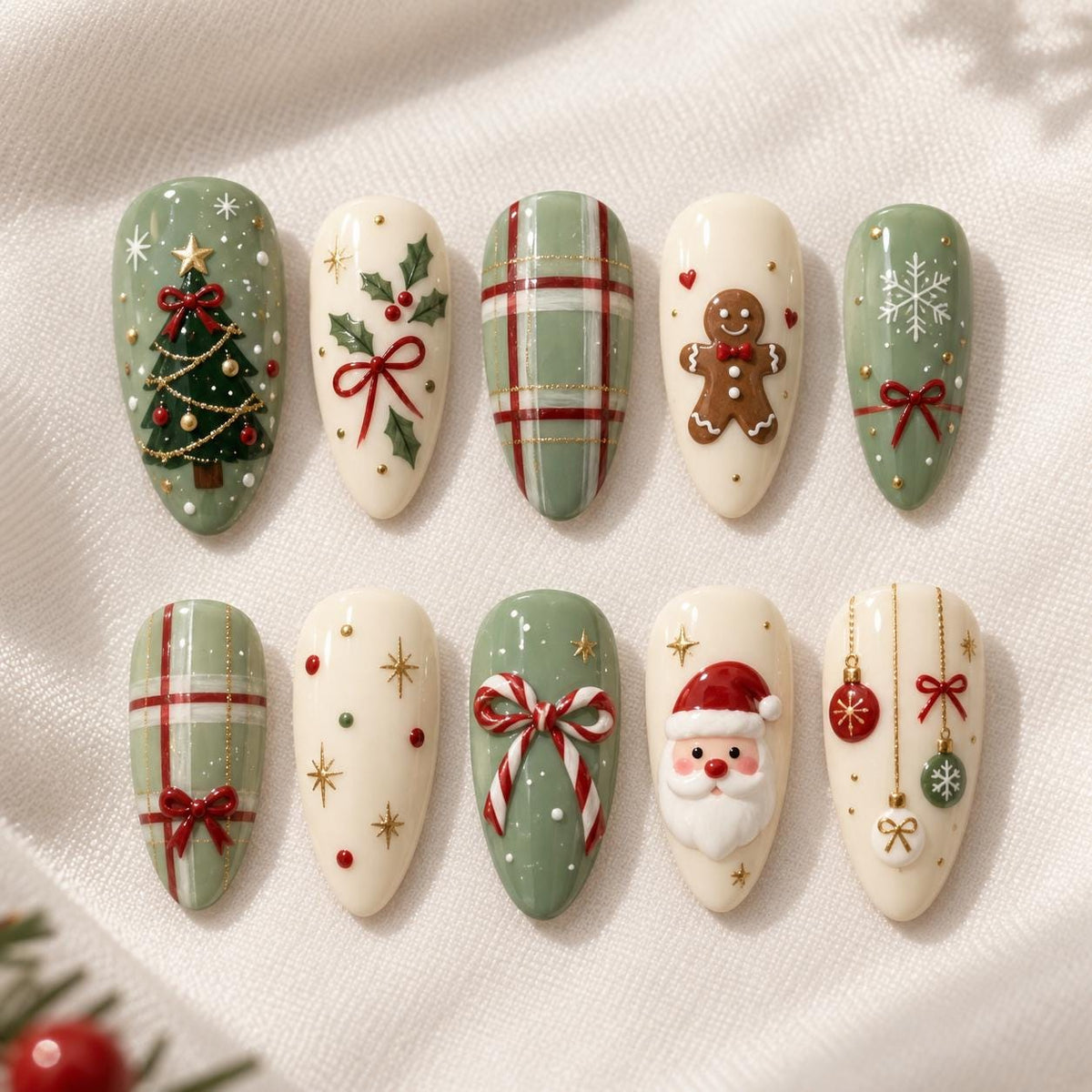 Sage Green Christmas Nails With Plaid, Santa, Gingerbread, Holly and Bows