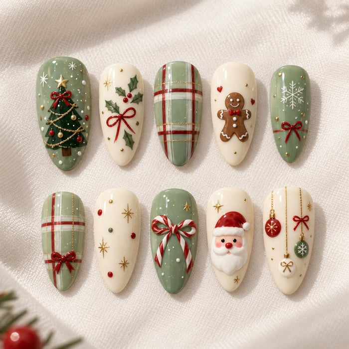 Sage Green Christmas Press On Nails With Plaid, Santa, Gingerbread, Holly and Bows