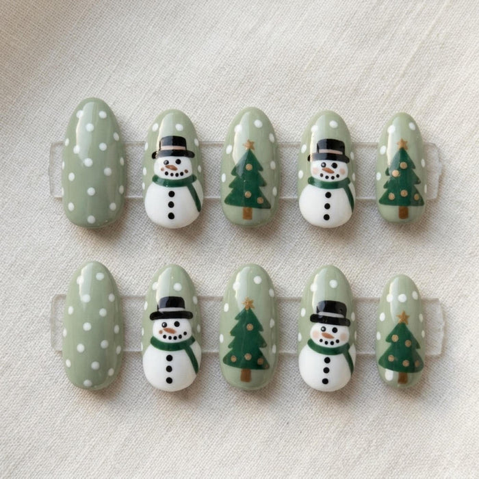 Sage Green Christmas Press On Nails With Snowmen, Trees, and White Polka Dots