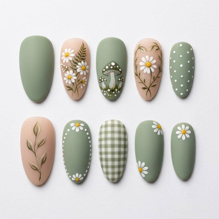 Sage Green Cottagecore Press On Nails With Daisies, Mushrooms, and Gingham
