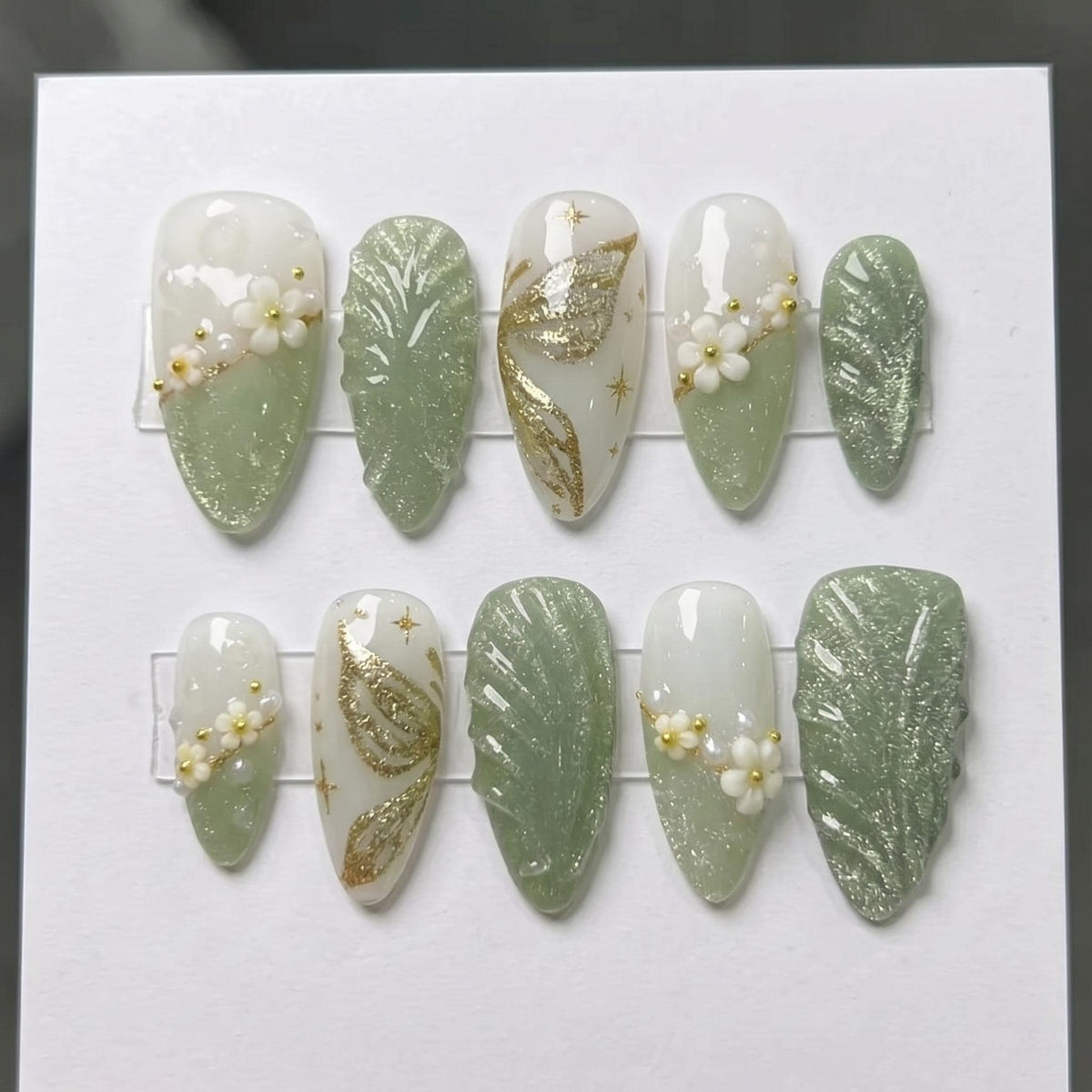 Sage Green Fairycore Floral Botanical Press On Nails with Gold Leaf Accents