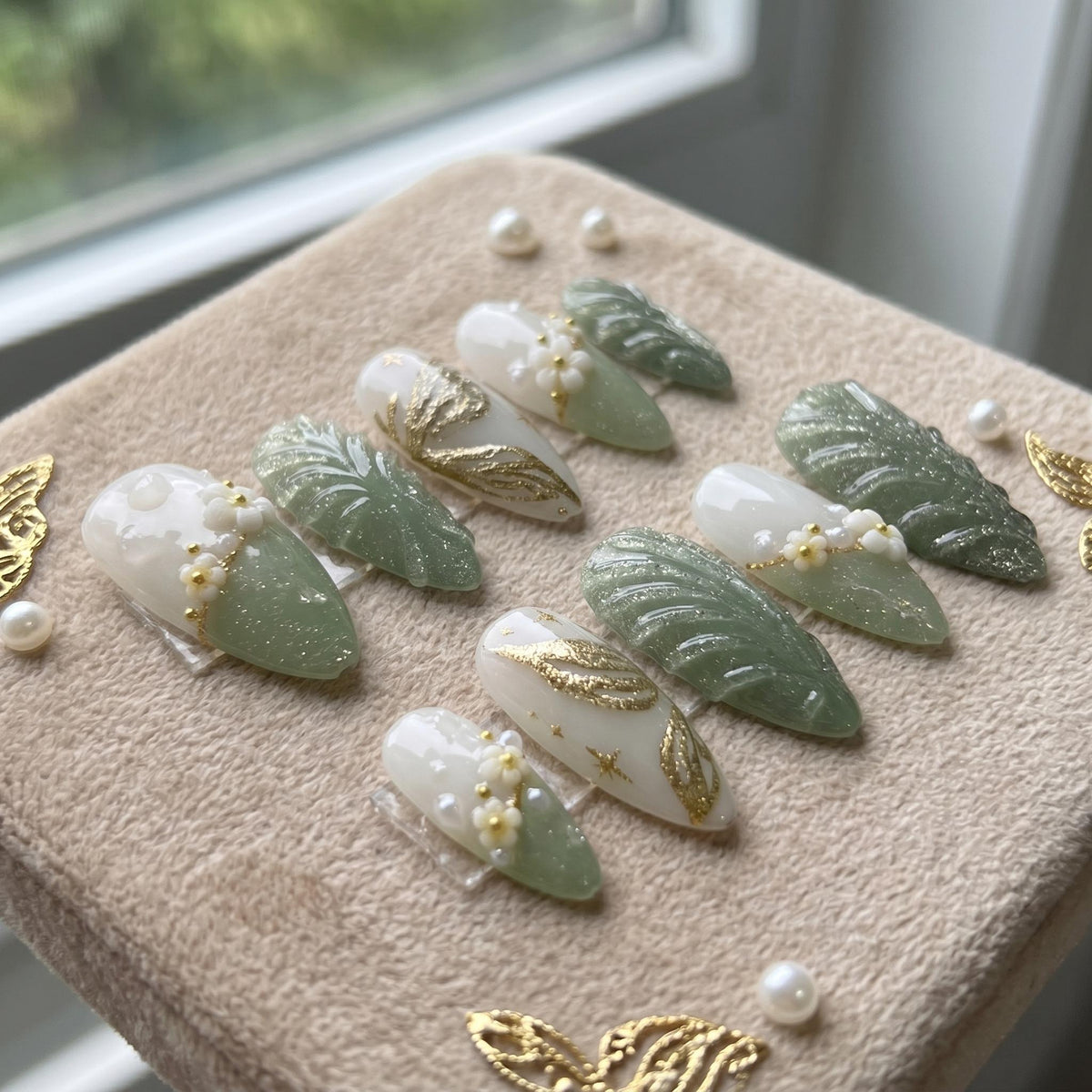 Sage Green Fairycore Floral Botanical Press On Nails with Gold Leaf Accents