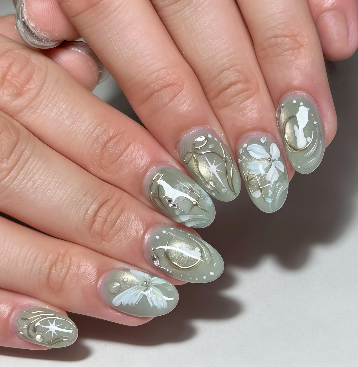 Sage Green Floral and Celestial Press On Nail Set