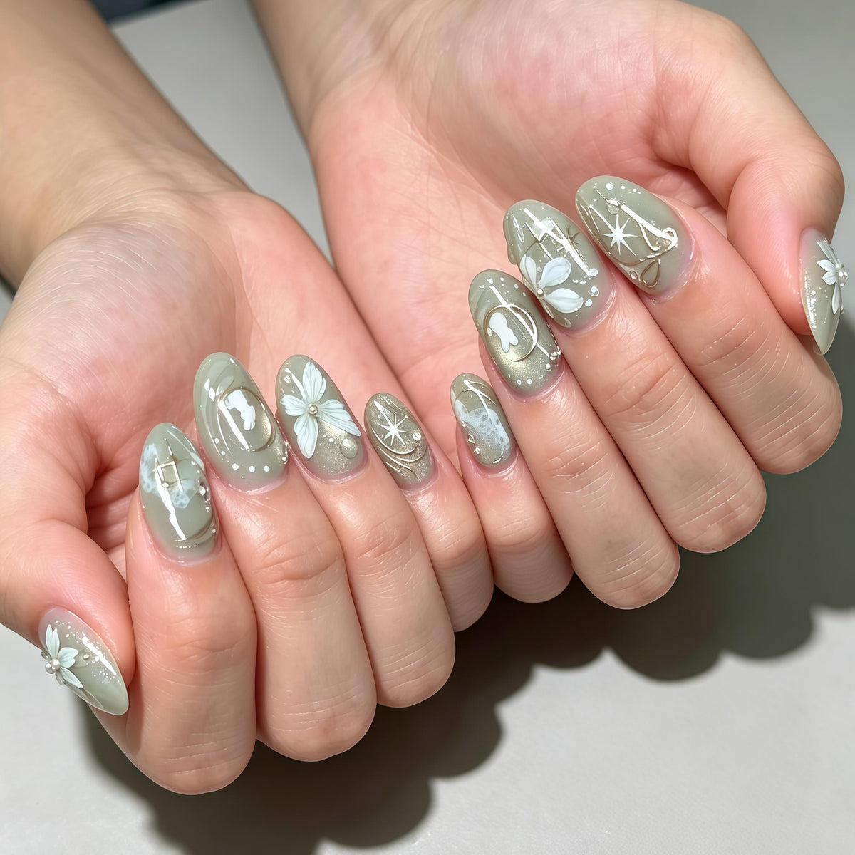 Sage Green Floral and Celestial Press On Nail Set