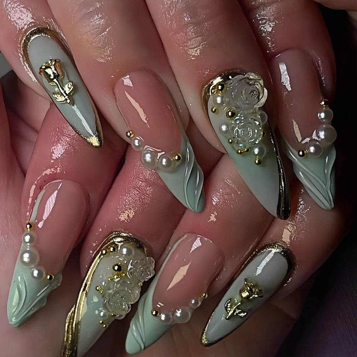 Sage Green French Tip Nails with Gold Outlines, 3D Flowers and Pearls