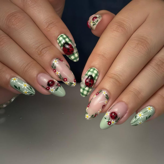 Sage Green Gingham Daisy Press On Nails with Raised Red Ladybugs