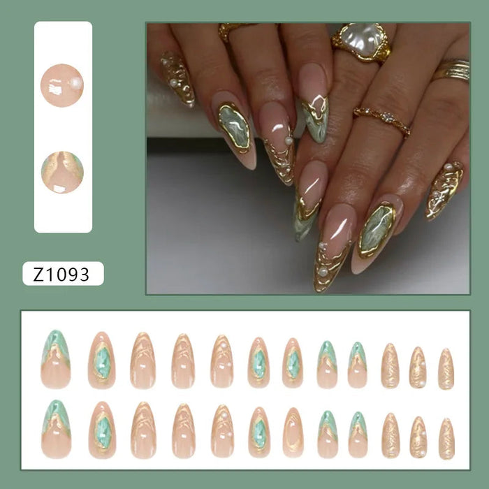 Sage Green Marble and Nude Pink Gold-Detail Press On Nails