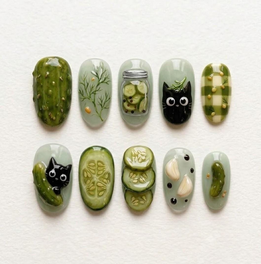 Sage Green Pickle and Black Cat Nail Set with Cucumber Slices and Checkered Accents