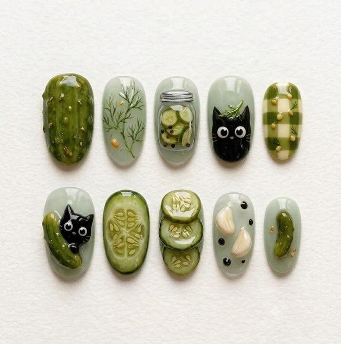 Sage Green Pickle and Black Cat Press On Nail Set with Cucumber Slices and Checkered Accents