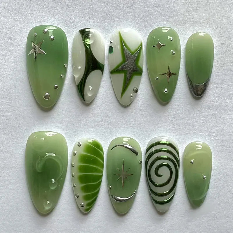 Sage Green Star and Swirl Press-On Nails with Silver Accents