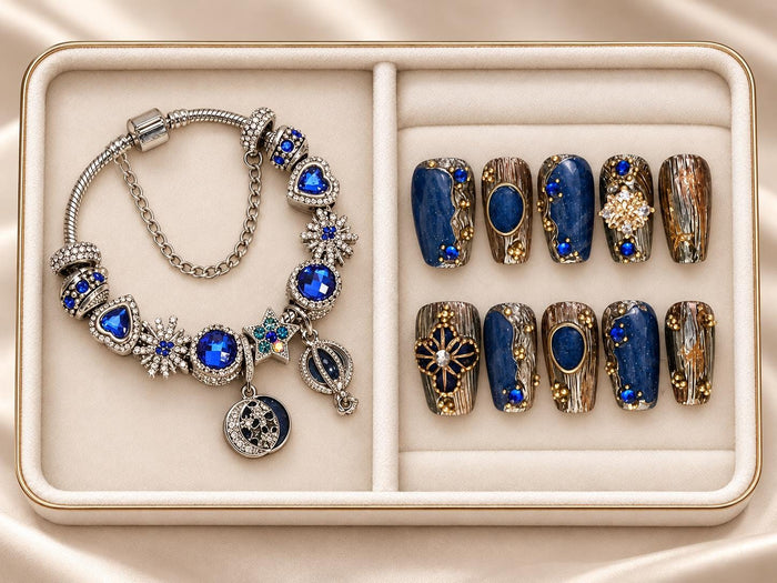 Sapphire Blue Celestial Press-On Nail Set with Jeweled Details and Matching Bracelet