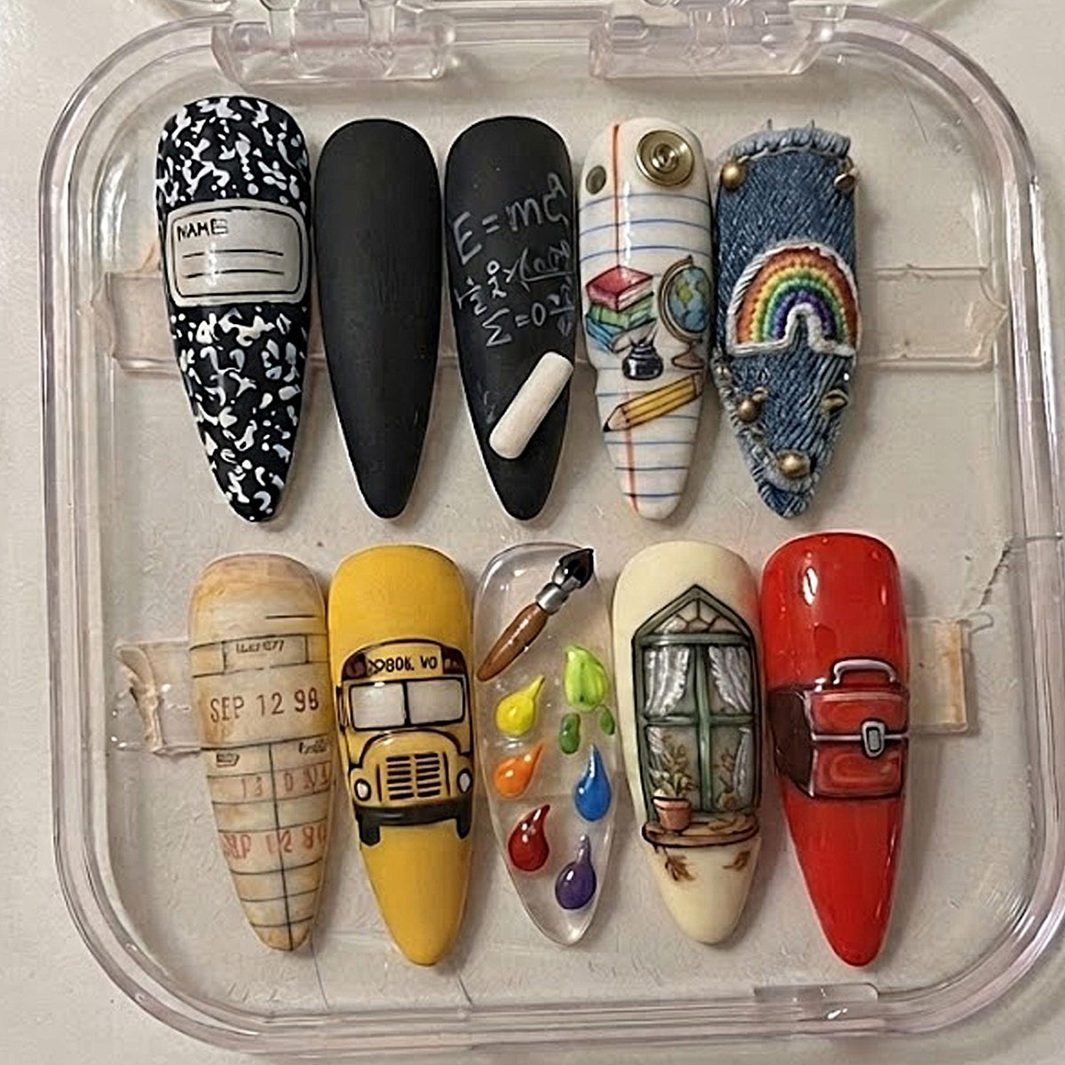 School-Themed Press On Nails with Notebook Doodles, Yellow Bus, Pencil and Backpack