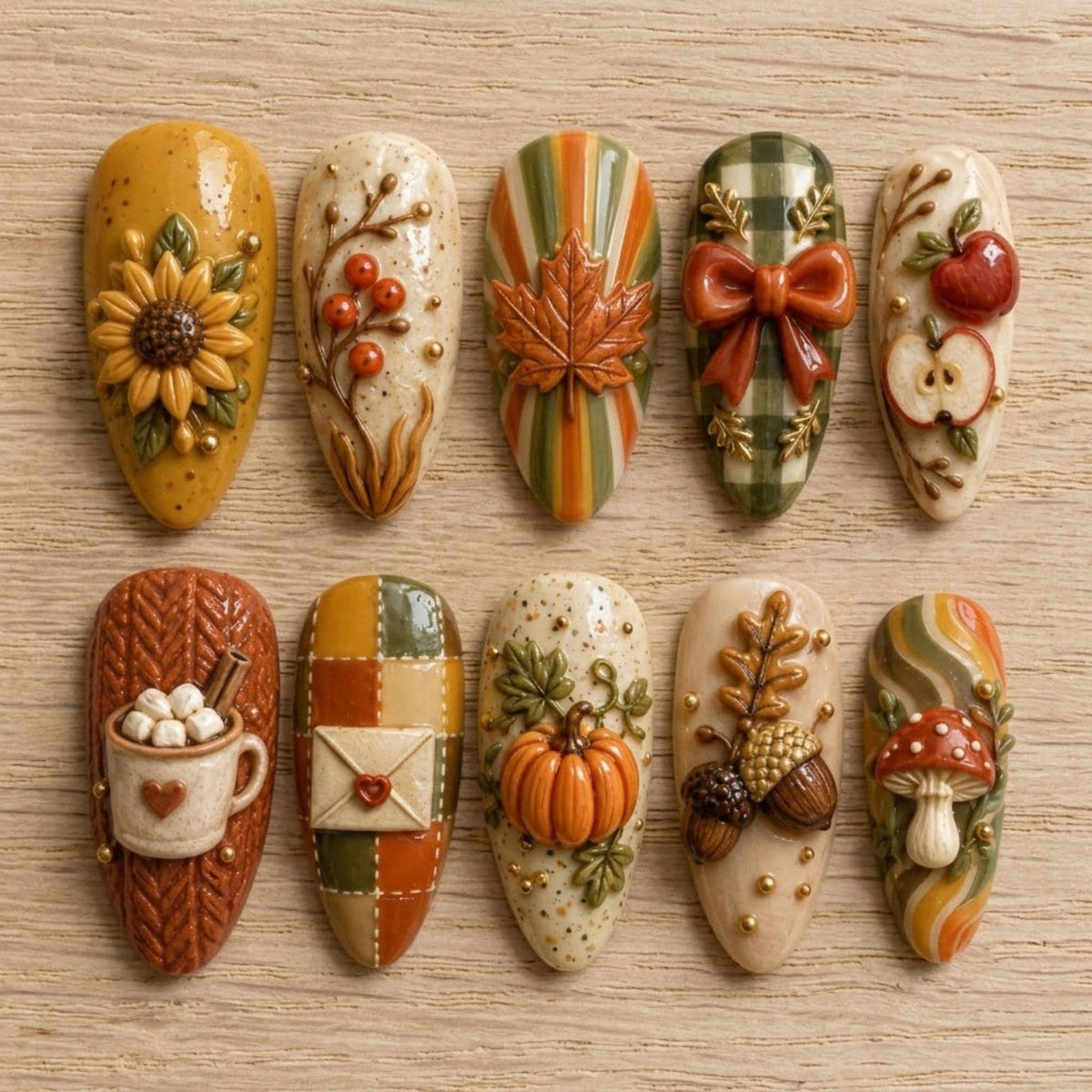 Sculpted Autumn Harvest Press On Nails With Pumpkins, Plaid, and Fall Motifs