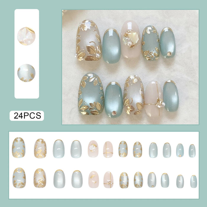 Sea Glass Blue and Blush Press On Nails with Gold Leaf Floral Details