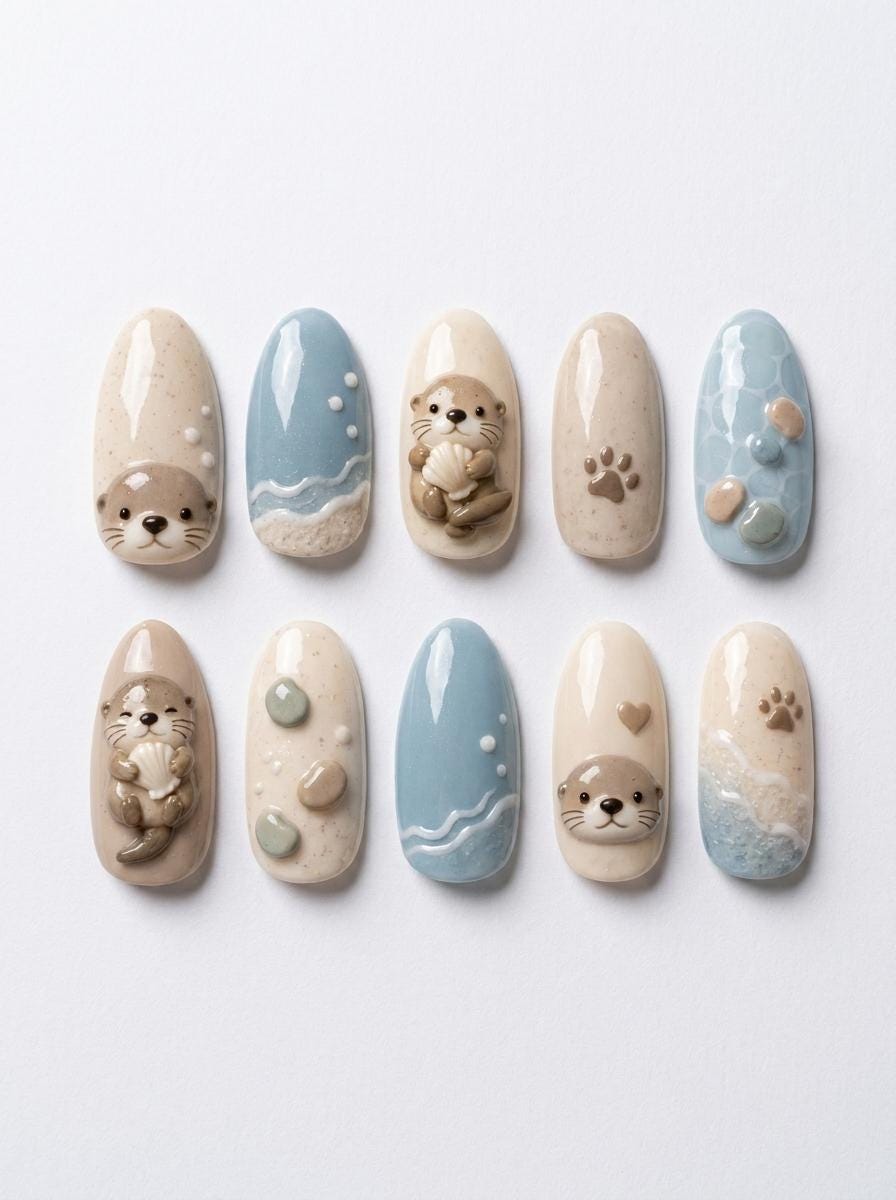 Sea Otter Press On Nails With Blue Waves, Paw Prints and 3D Details