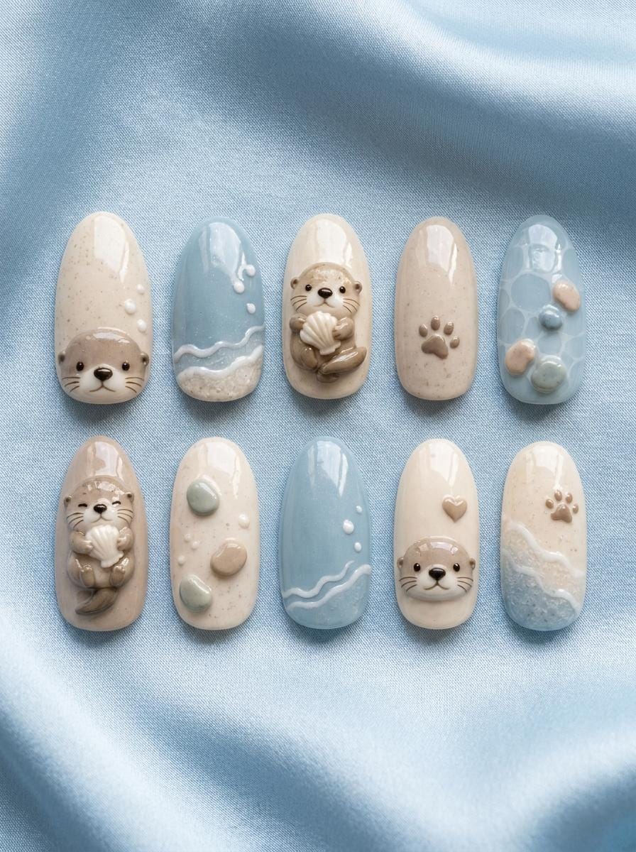 Sea Otter Press On Nails With Blue Waves, Paw Prints and 3D Details