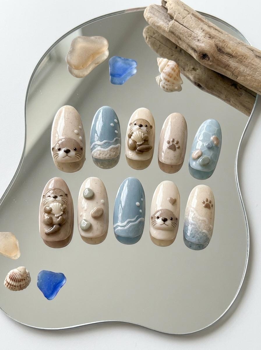 Sea Otter Press On Nails With Blue Waves, Paw Prints and 3D Details