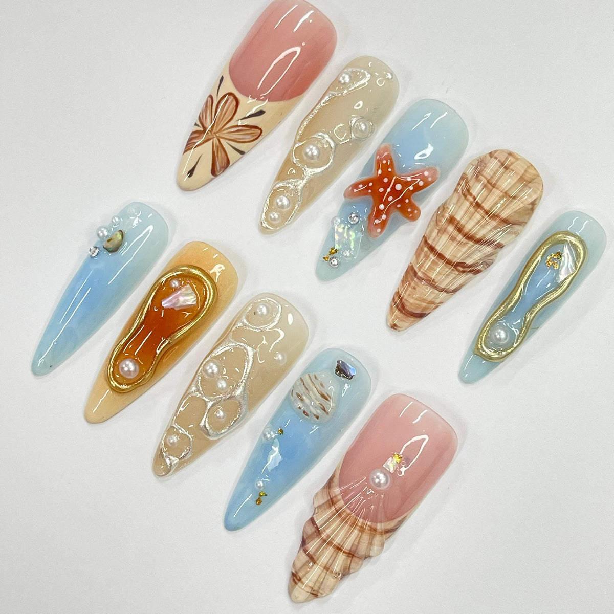 Seashell and Starfish Summer Vacation Press On Nails With Plaid, Pearls, and Gold Accents