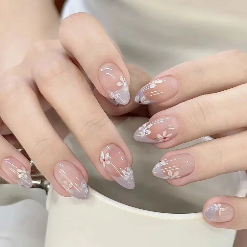 Sheer Blush Floral French Tip Nail Set With Lavender Tips