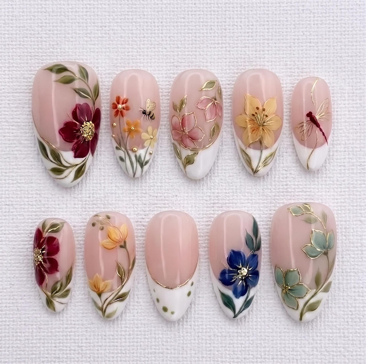 Sheer Blush Floral French Tip Press On Nails With Gold Details for Weddings