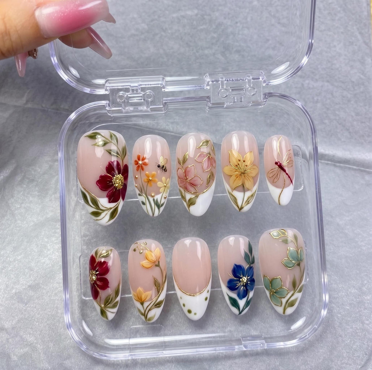 Sheer Blush Floral French Tip Press On Nails With Gold Details for Weddings