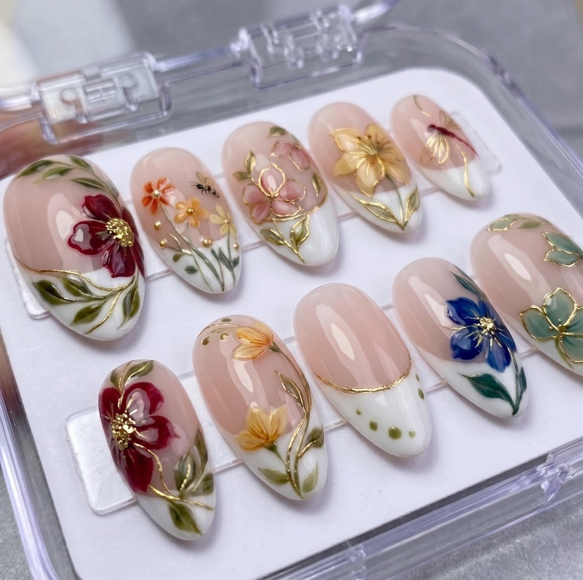 Sheer Blush Floral French Tip Press On Nails With Gold Details for Weddings