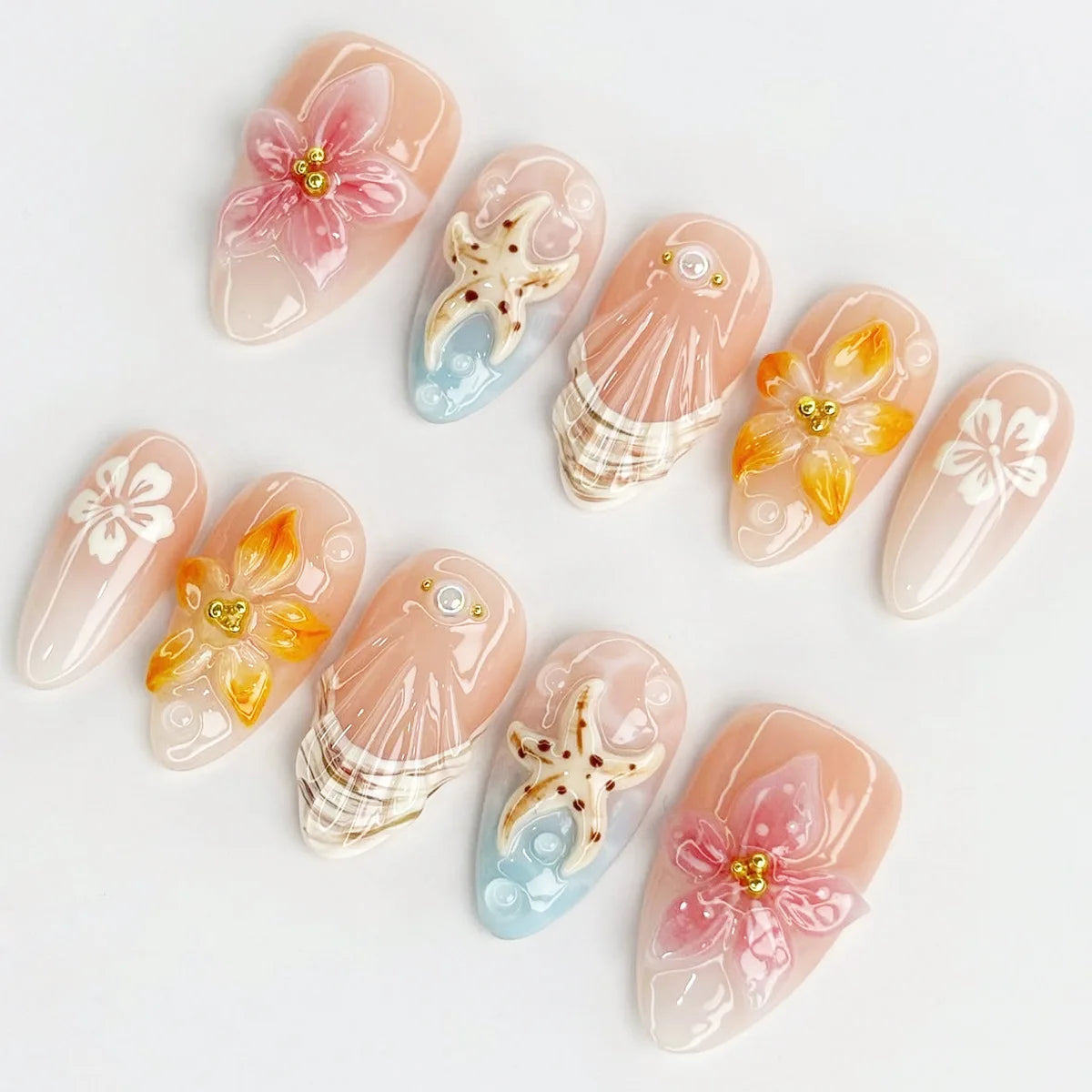 Sheer Blush Floral Seashell Press On Nails With Peach Flowers and Pearl Accents