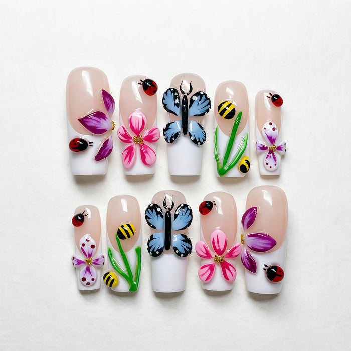 Sheer Blush French Tip Press On Nails With 3D Flowers, Butterflies, Bees, and Ladybugs
