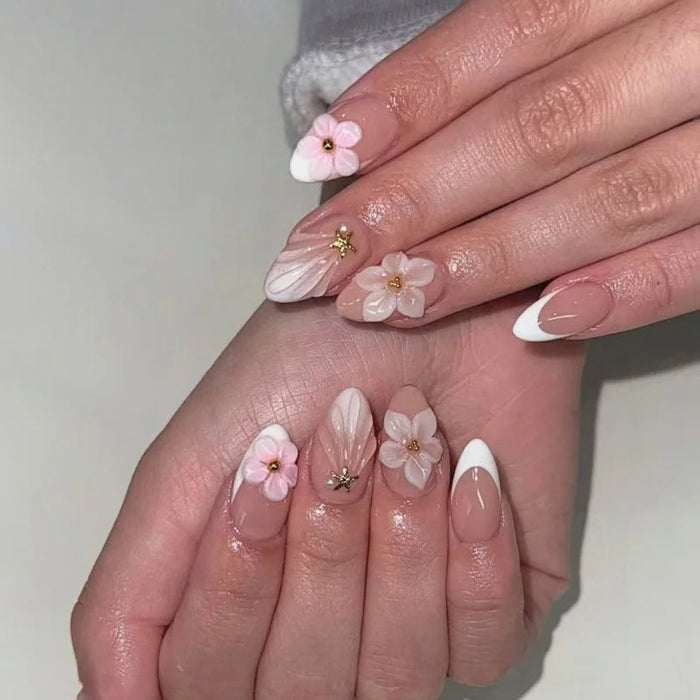 Sheer Blush French Tip Press On Nails with 3D Pink Flowers and Gold Details