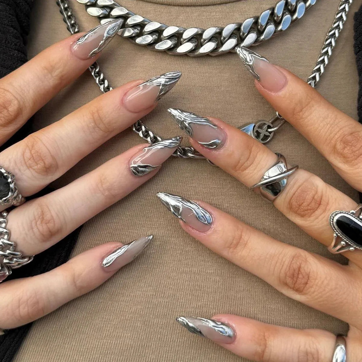Sheer Blush Nails with Silver Chrome Flame Swirls
