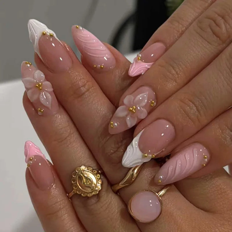 Sheer Blush Pink and Milky White 3D Floral Nails with Gold Beads