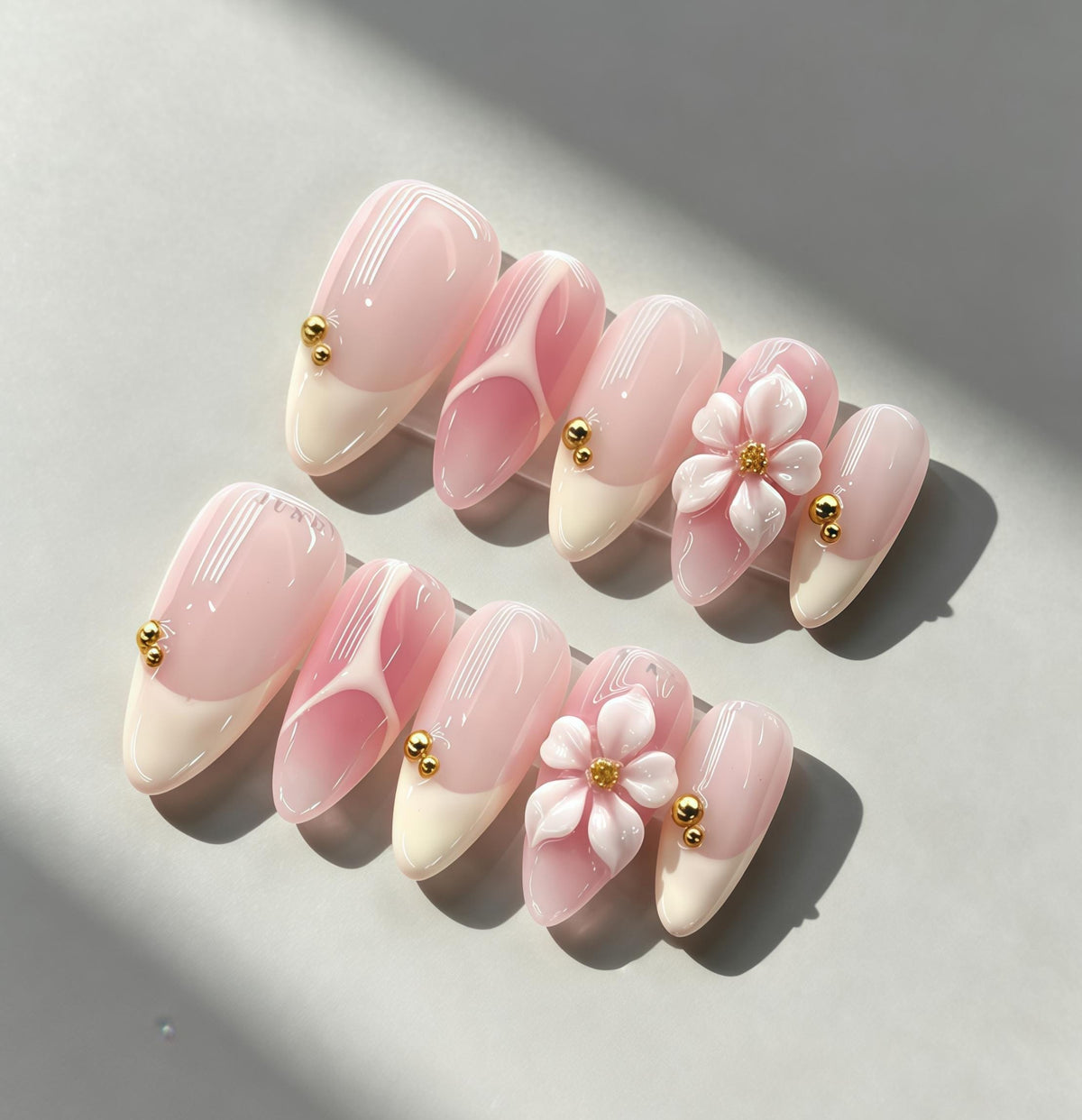 Sheer Blush Pink Bridal French Tip Nails with 3D White Flowers and Gold Accents