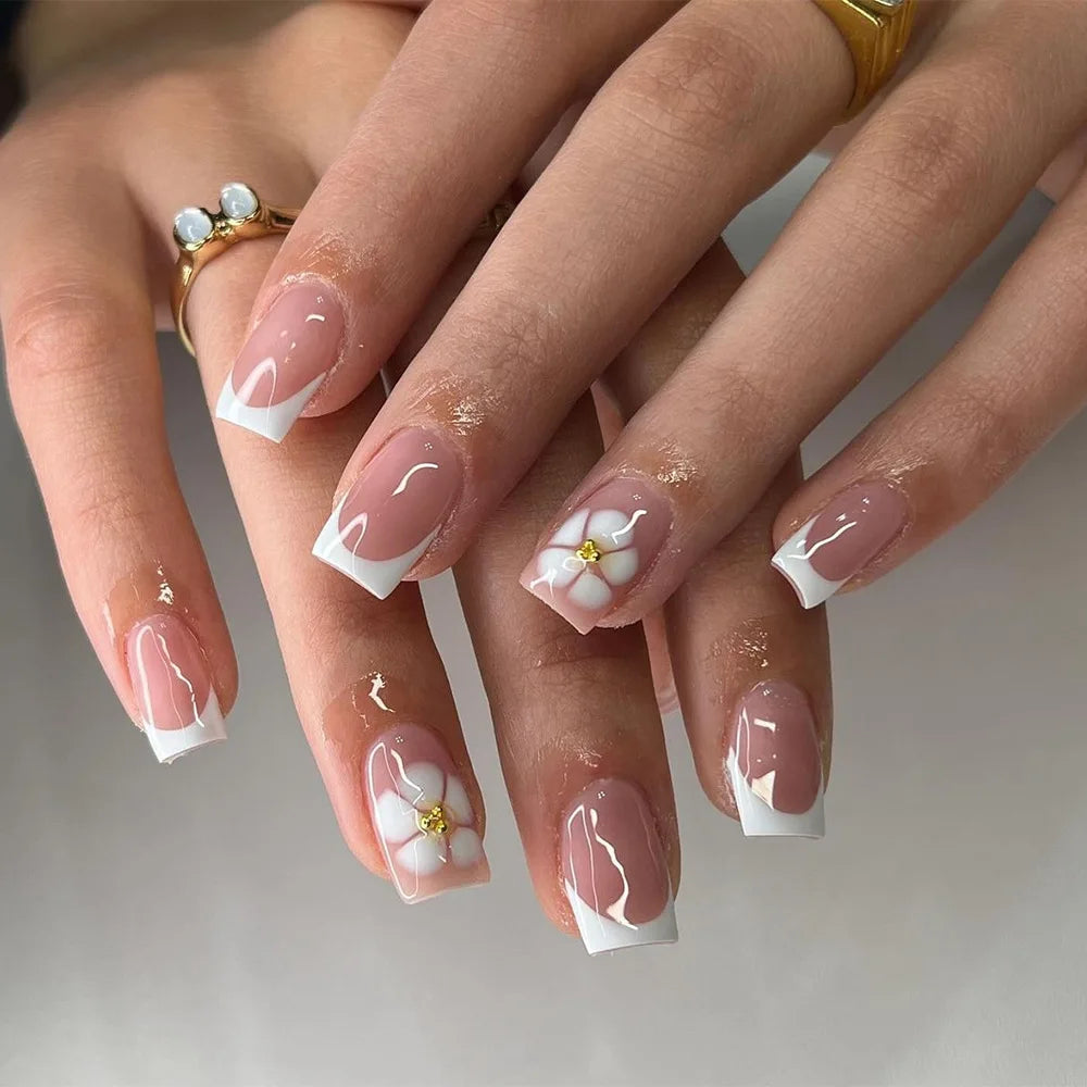 Sheer Blush Pink Floral French Tip Nail Set