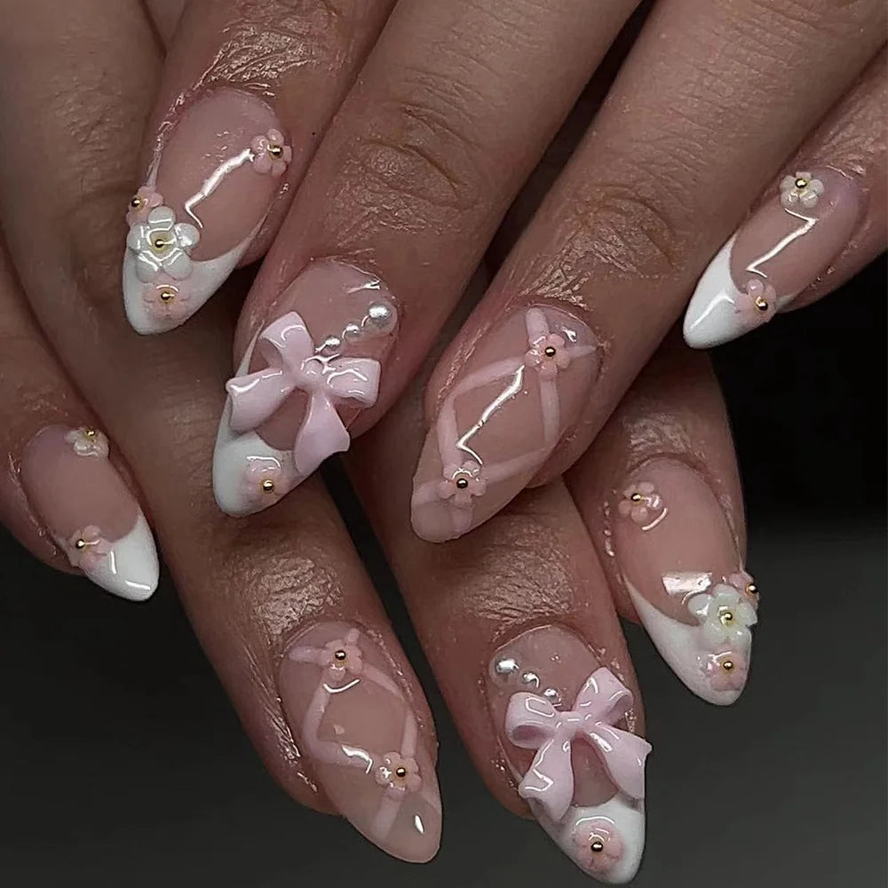 Sheer Blush Pink French Tip Nails with 3D Bows, Flowers and Pearl Details