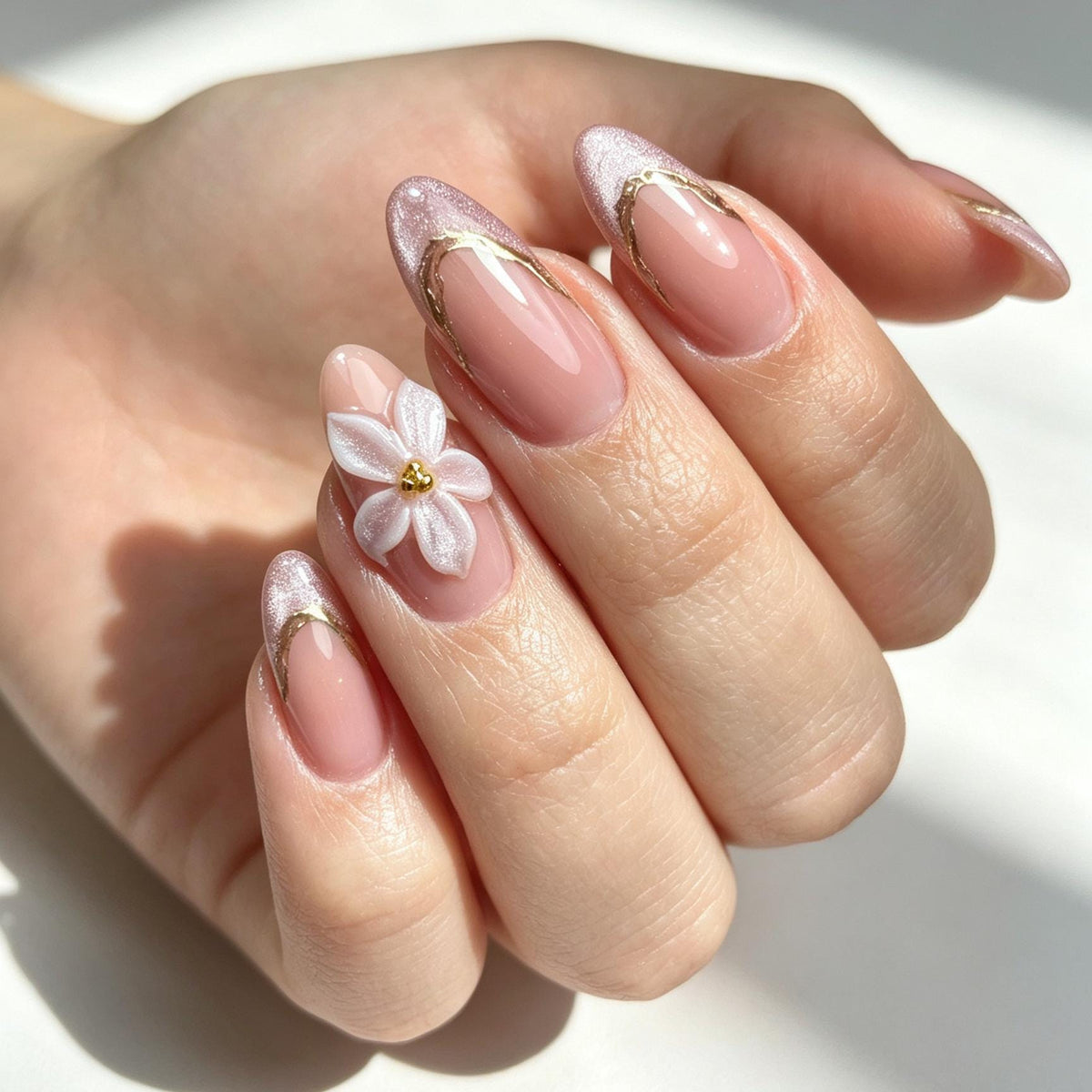 Sheer Blush Pink Nails with Gold Wire Details, Glitter Tips & Raised White Flowers