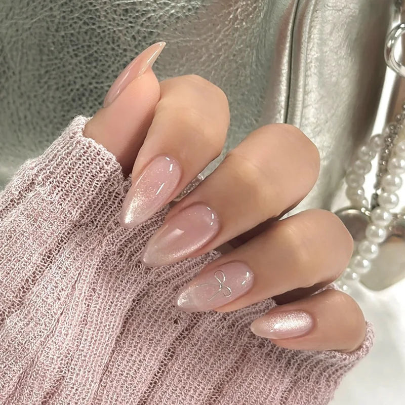 Sheer Blush Pink Pearl Glaze Bow Accent Nail Set