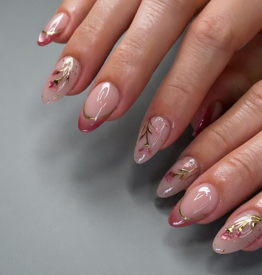Sheer Blush Pink Spring Nails With Rose French Tips and Gold Branch Art