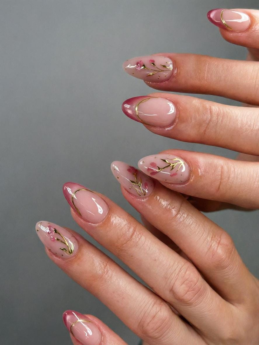 Sheer Blush Pink Spring Nails With Rose French Tips and Gold Branch Art