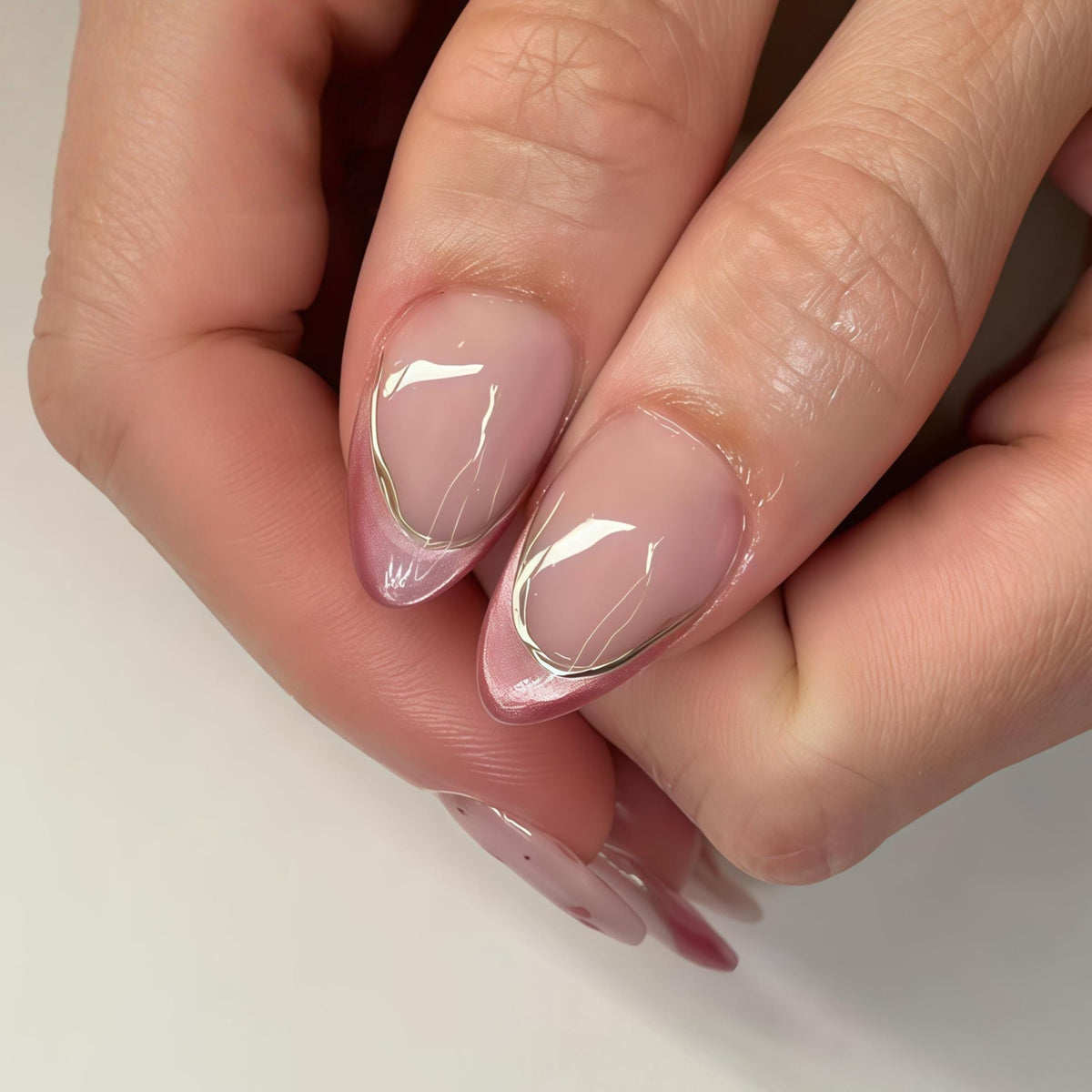 Sheer Blush Pink Spring Nails With Rose French Tips and Gold Branch Art