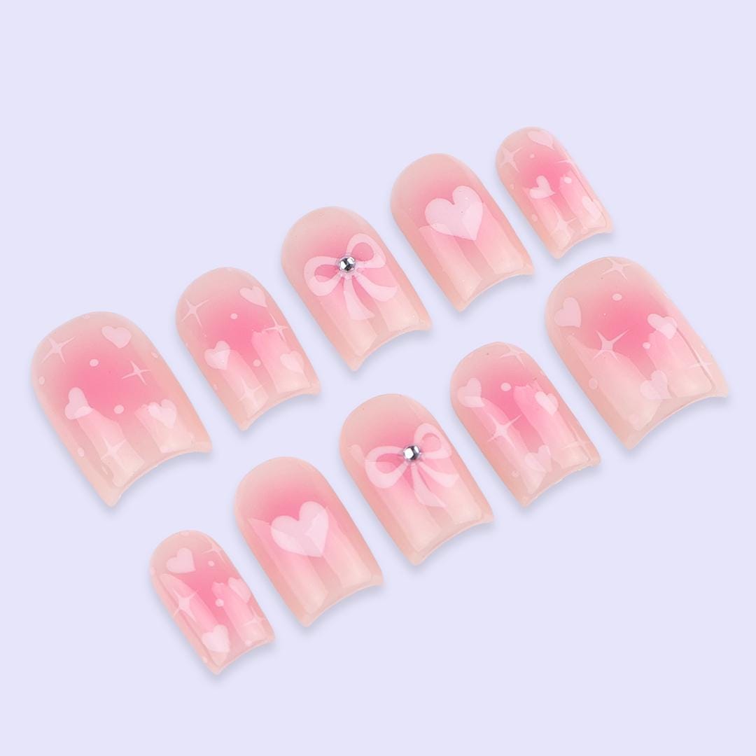 Sheer Blush Pink Valentine Nails with Hearts, Rhinestone Bows & Sparkle
