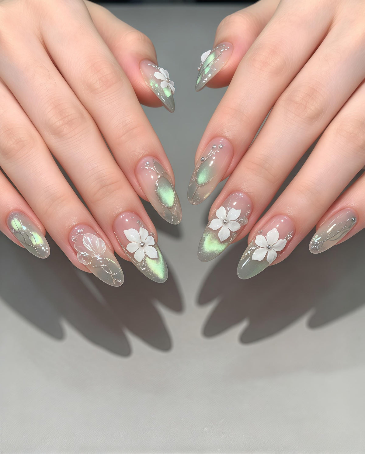 Sheer Green Iridescent Shimmer Press On Nails With 3D White Flowers