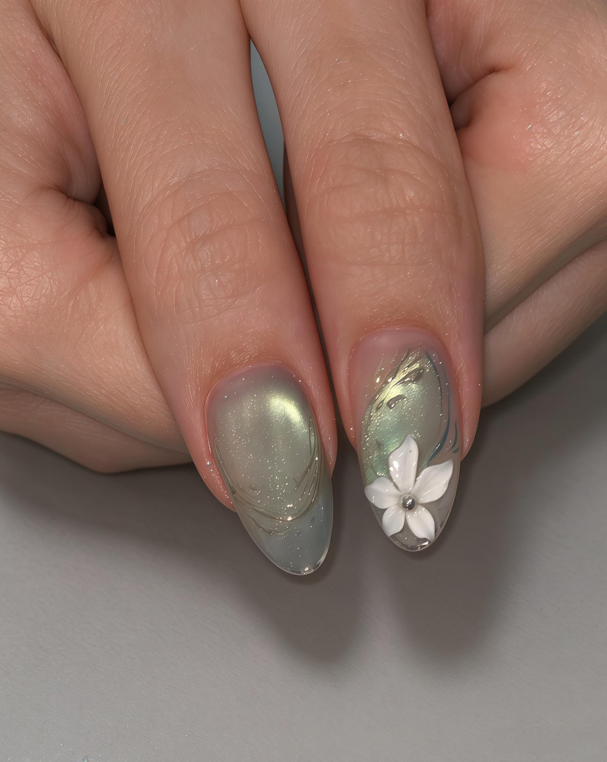 Sheer Green Iridescent Shimmer Press On Nails With 3D White Flowers