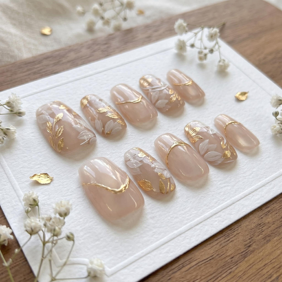 Sheer Nude Floral Bridal Press On Nails with White Petals and Gold Leaf Details