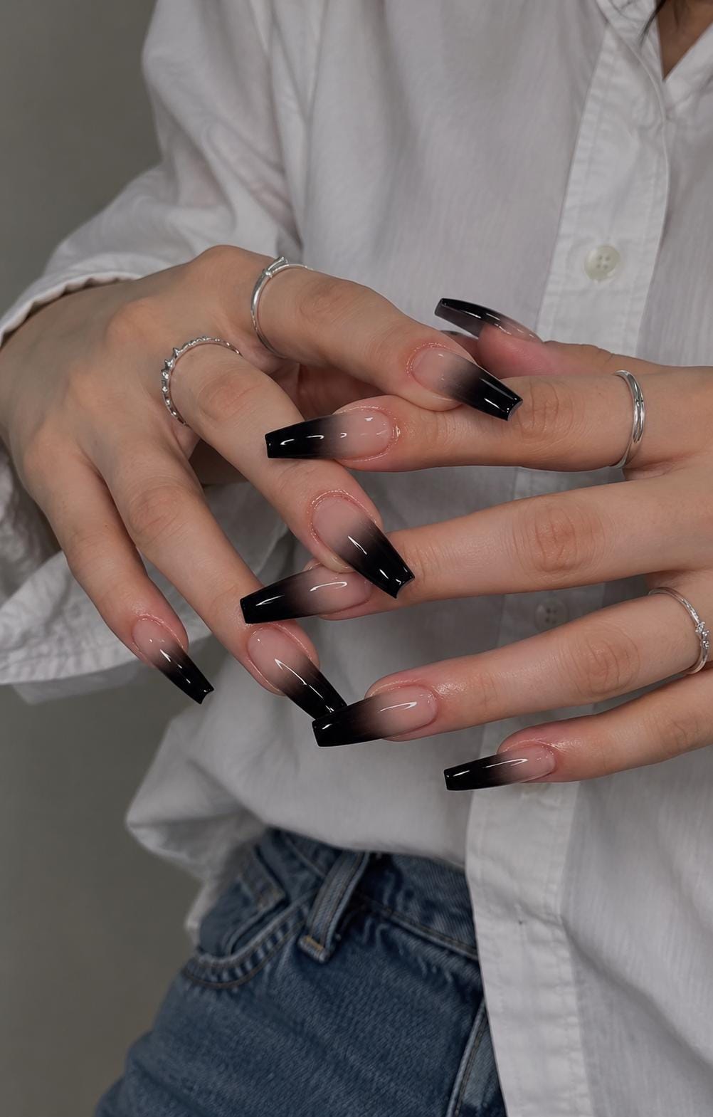 Sheer Nude Pink and Black Ombré French Tip Nail Set