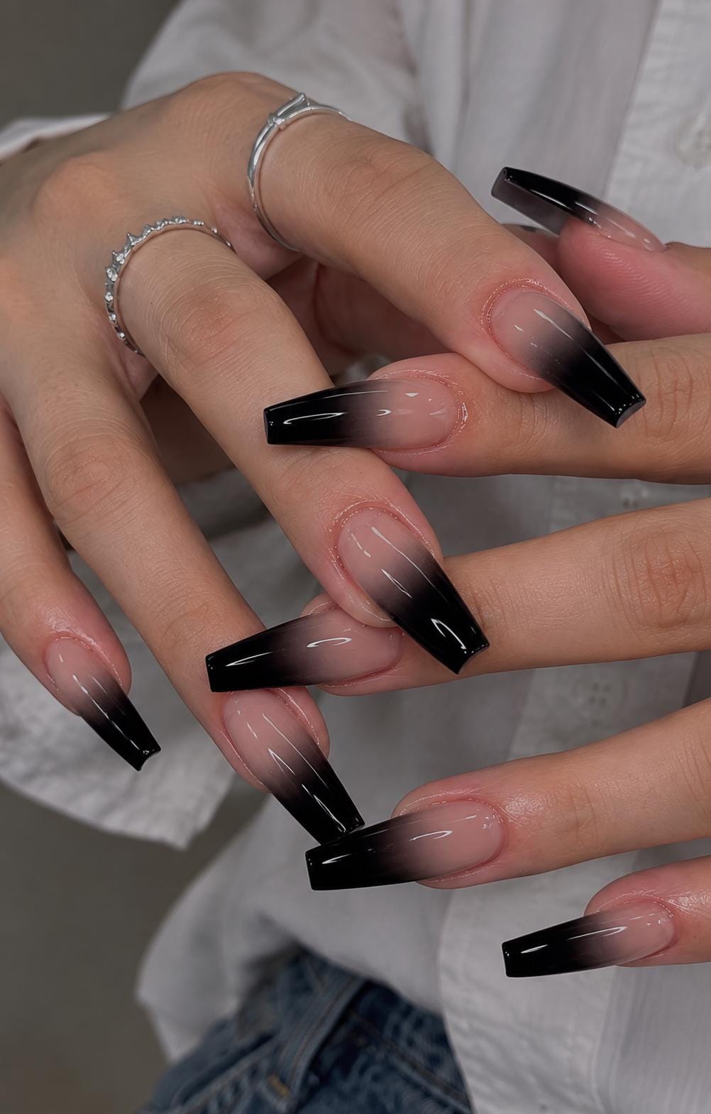 Sheer Nude Pink and Black Ombré French Tip Nail Set