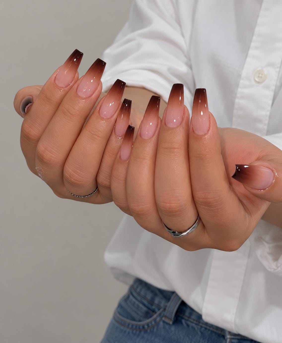 Sheer Nude Pink and Black Ombré French Tip Nail Set
