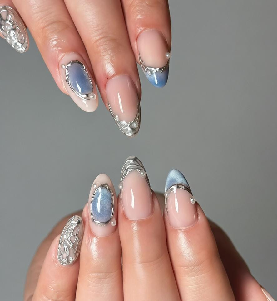 Sheer Nude Pink and Slate Blue Nails with Raised Silver Frames