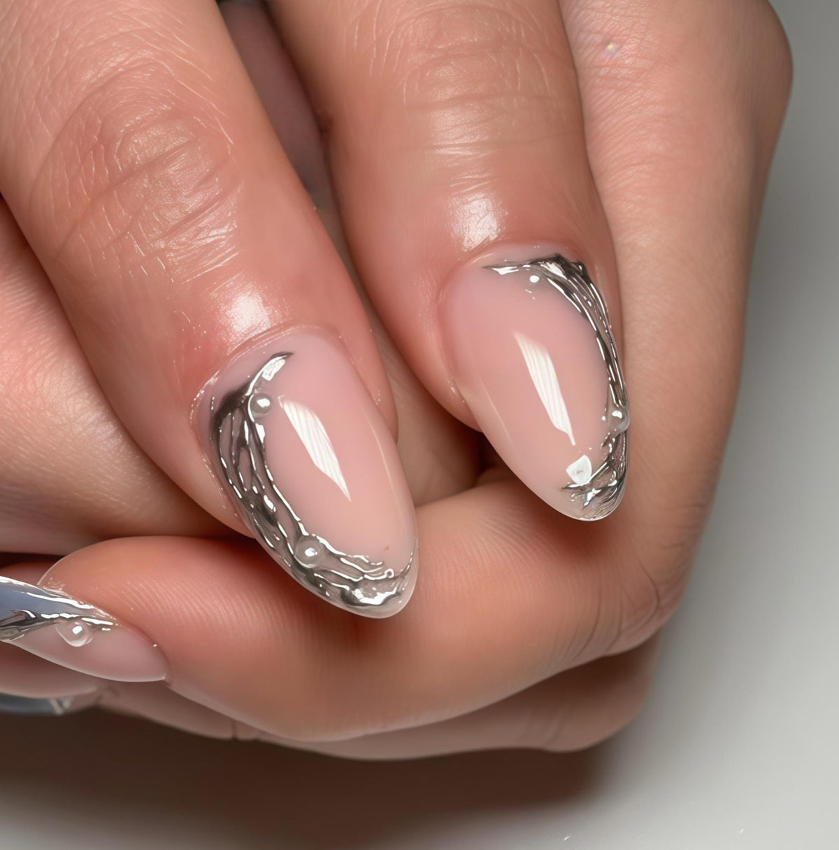 Sheer Nude Pink and Slate Blue Nails with Raised Silver Frames